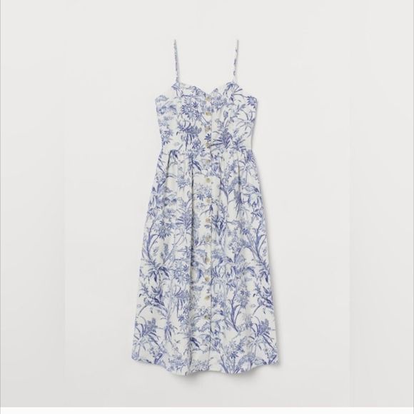 H&M White & Blue Floral Linen Blend Dress. Smocked back. Midi length. Med  EUC - Picture 4 of 9